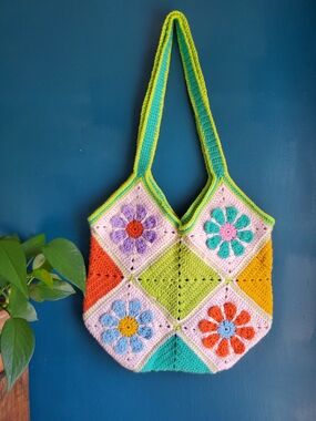 Handmade Crochet Floral Patchwork Tote Bag - Multicolor